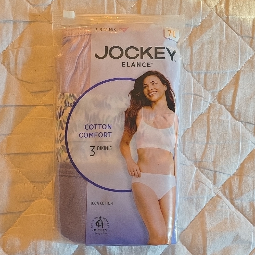 Jockey Elance Cotton Comfort Bikini Trio - Purple and White. Size 7/L